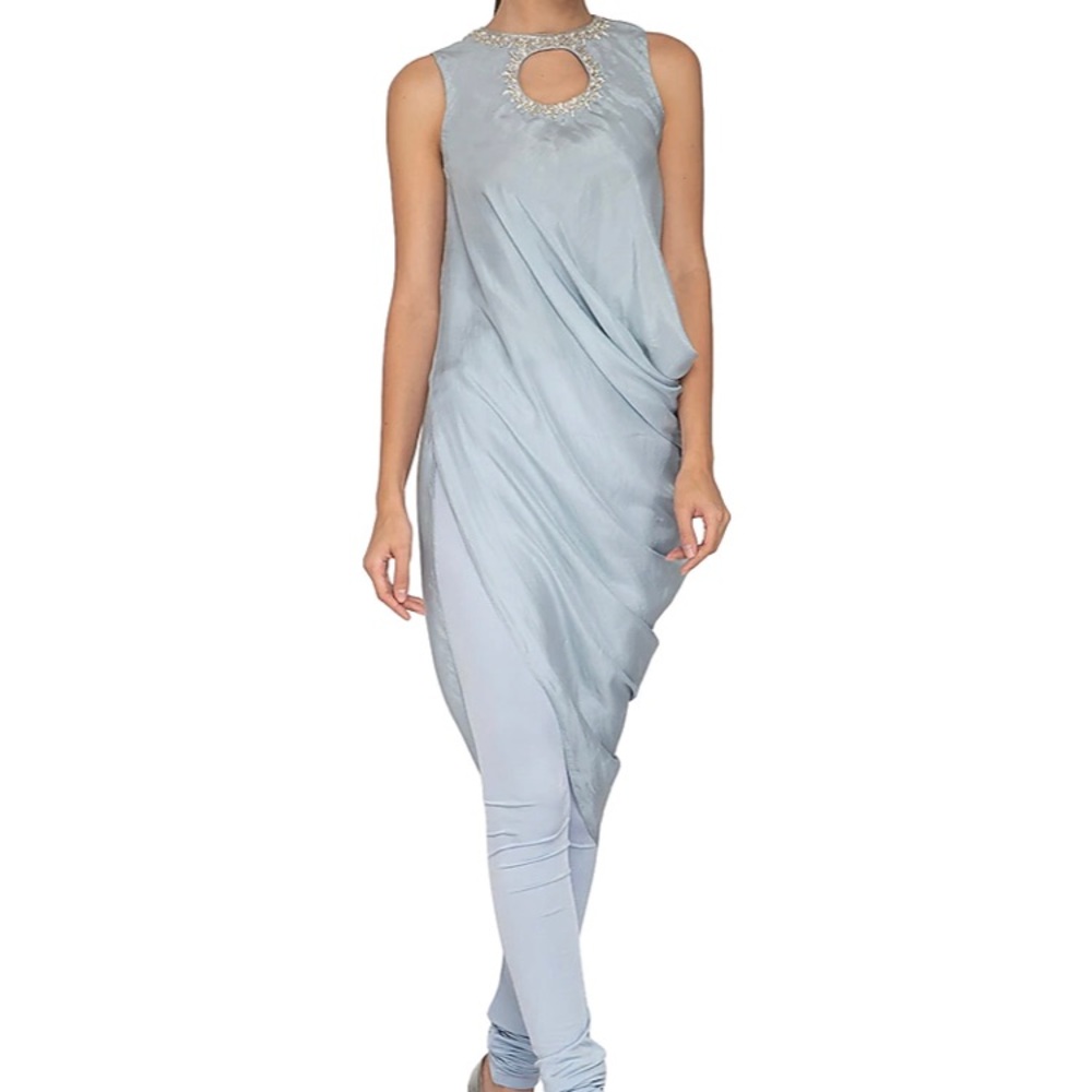 Dusky Blue Embroidered Tunic With Churidaar Pants